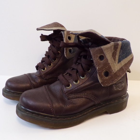 Dr. Martens Shoes - Dr Doc Martens Aimilie Combat Boots Women's 7 Brown Red Union Jack Fold Over.